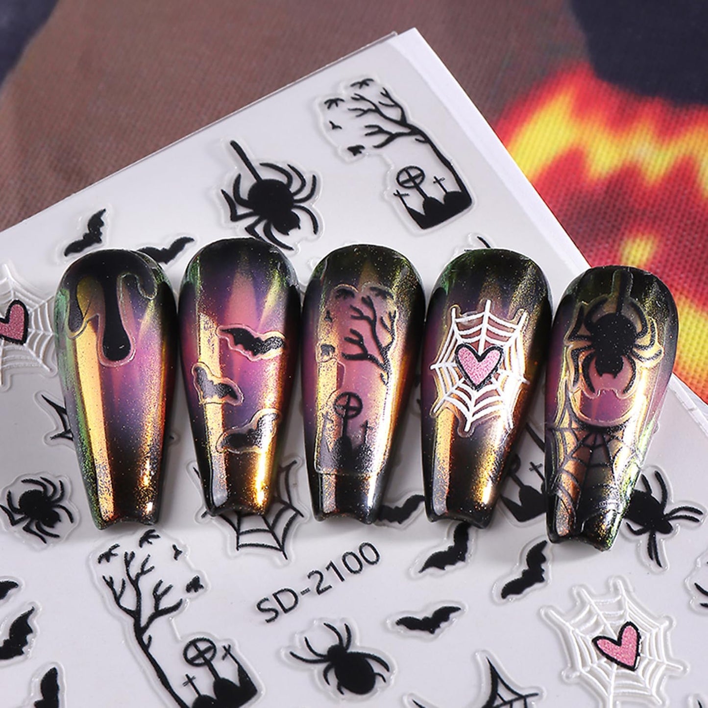 Embossed Halloween White Ghost Nail Stickers Decals Black Spider Web Bat Nail Art Sticker Decal Blood Drop Nails Sticker Self-Adhesive Spider Nails Decal for Women Halloween Decor