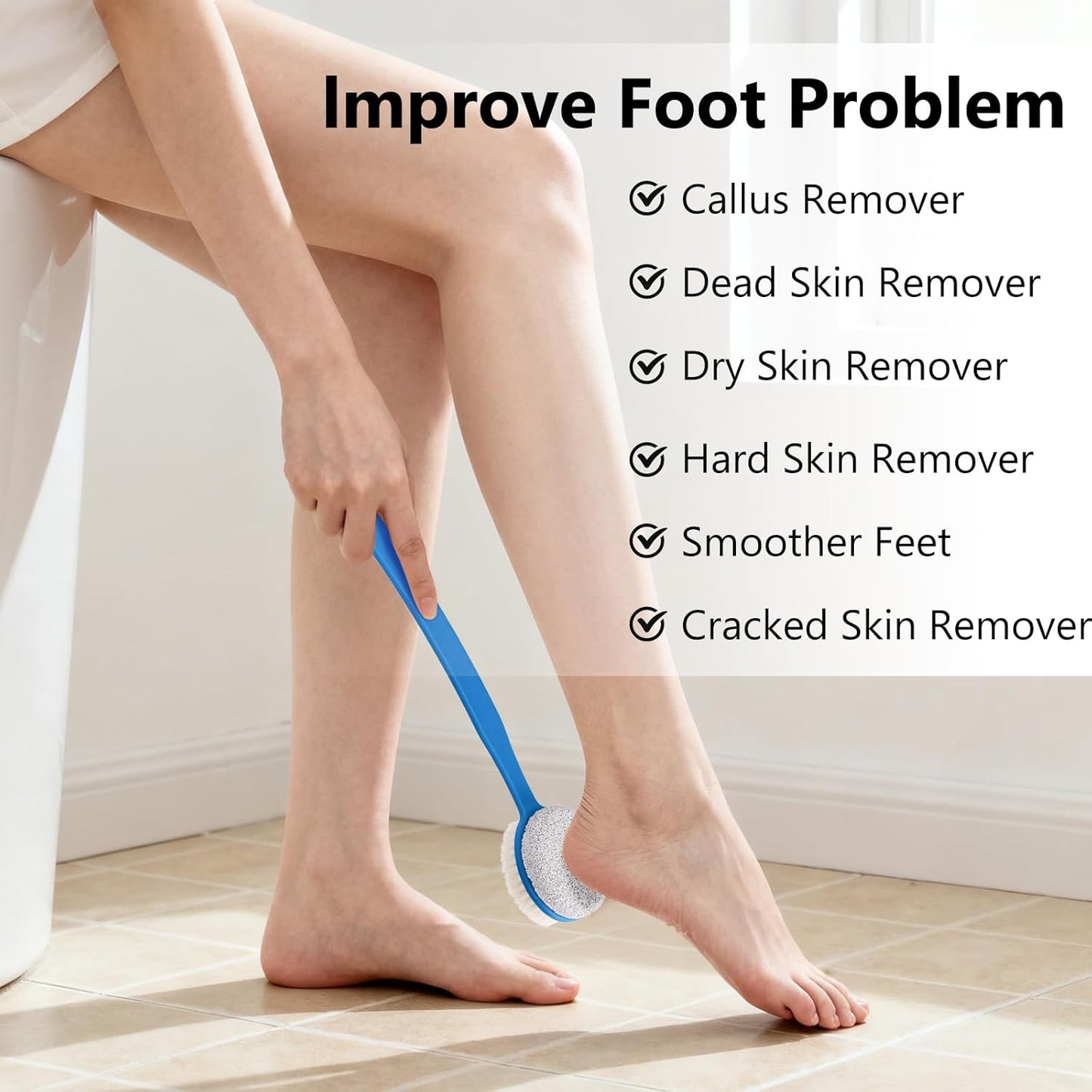 Pumice Stone for Feet with Long Handle (Double-Faced Curved Handle,Blue, Count, 1)