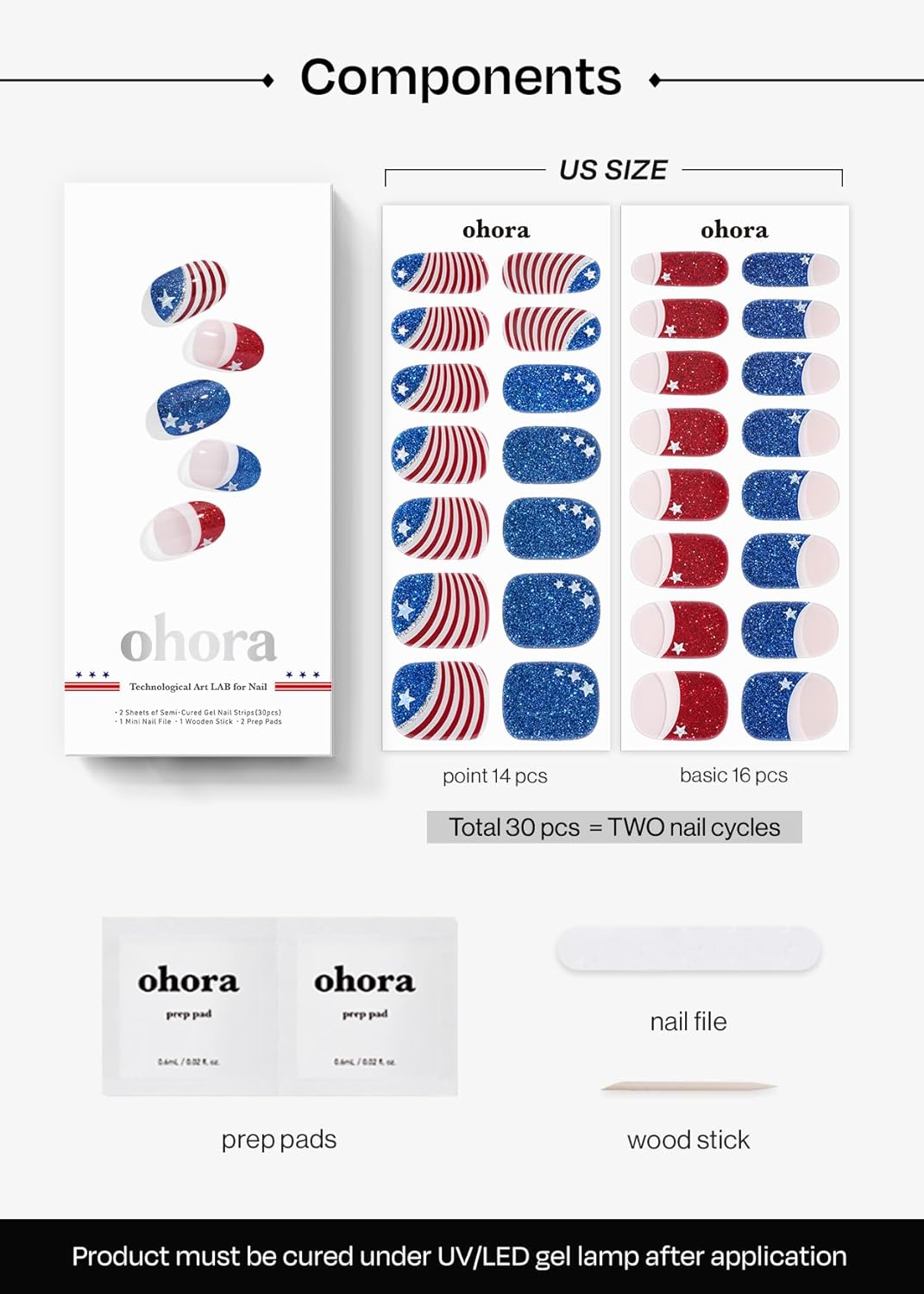 ohora Semi Cured Gel Nail Strips (N Star Stripes) - Works with Any Lamps, Salon-Quality, Long Lasting, Easy to Apply & Remove - Includes 2 Prep Pads, Nail File & Wooden Stick