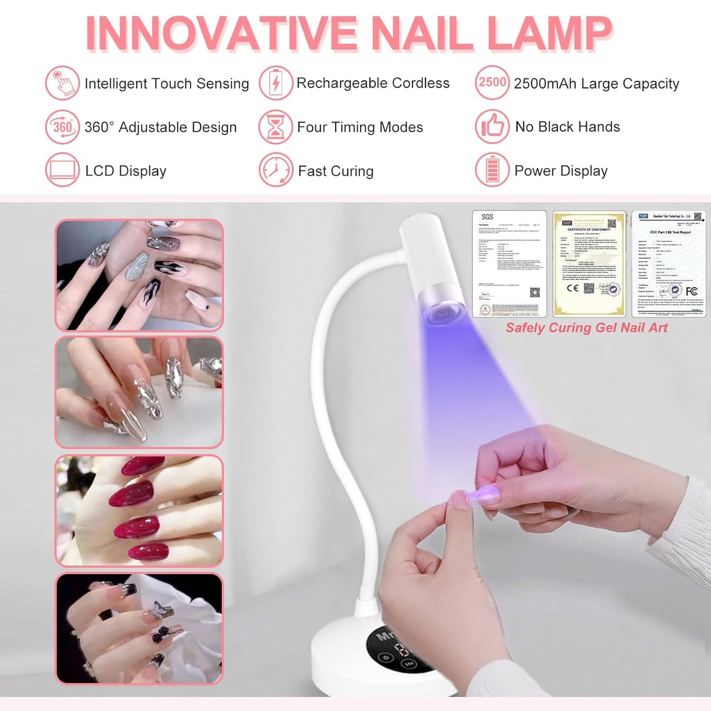 U V LED Nail Lamp, Goose Neck Flash Cure Lamp, Rechargeable Mini U V Light for Gel Nails, Cordless Flash Cure Light with 4 Timers&Sensor, Fast Curing Gooseneck Lamps for Gel X, White