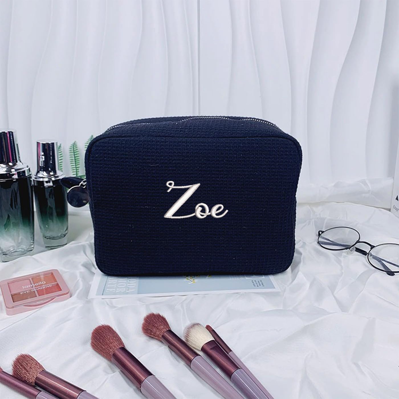 GOPHIE Personalized Embroidered Makeup Bag,Custom Waffle Fabric Cosmetic Pouch for Women, Travel Makeup Pouch (3, Black)