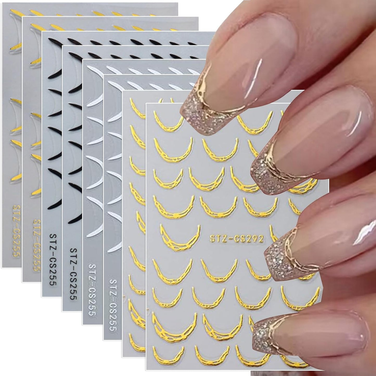350 Pcs French Tips Nail Stickers, 8 Sheets 3D Self-Adhesive Classic Gold Silver Black Rose Gold French Tip Nail Designs for Short Nails Gel Polish