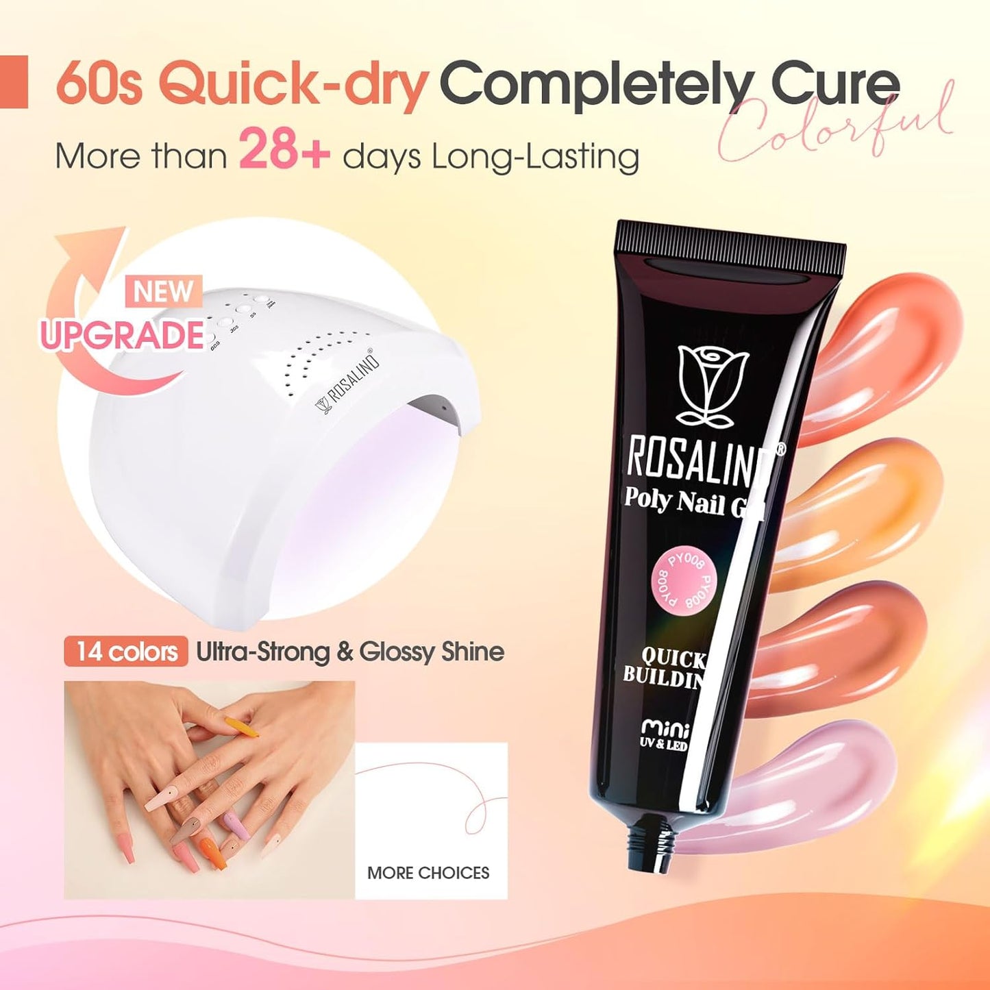 ROSALIND Nude Poly Nail Gel Kit, 14 Colors Pink Poly Nail Gels Kit with Slip Solution and Mini Lamp Poly Nails Gel Starter Kits For All Seasons Beginner DIY at Home