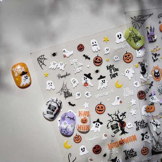 5D Embossed Halloween Nail Stickers Cute Ghost Pumpkin Self-Adhesive Nail Art Pegatinas Uñas with Spider Web Designs Halloween Nails Decals DIY Manicure Supplies for Women Nails Art Decoration 1Sheet