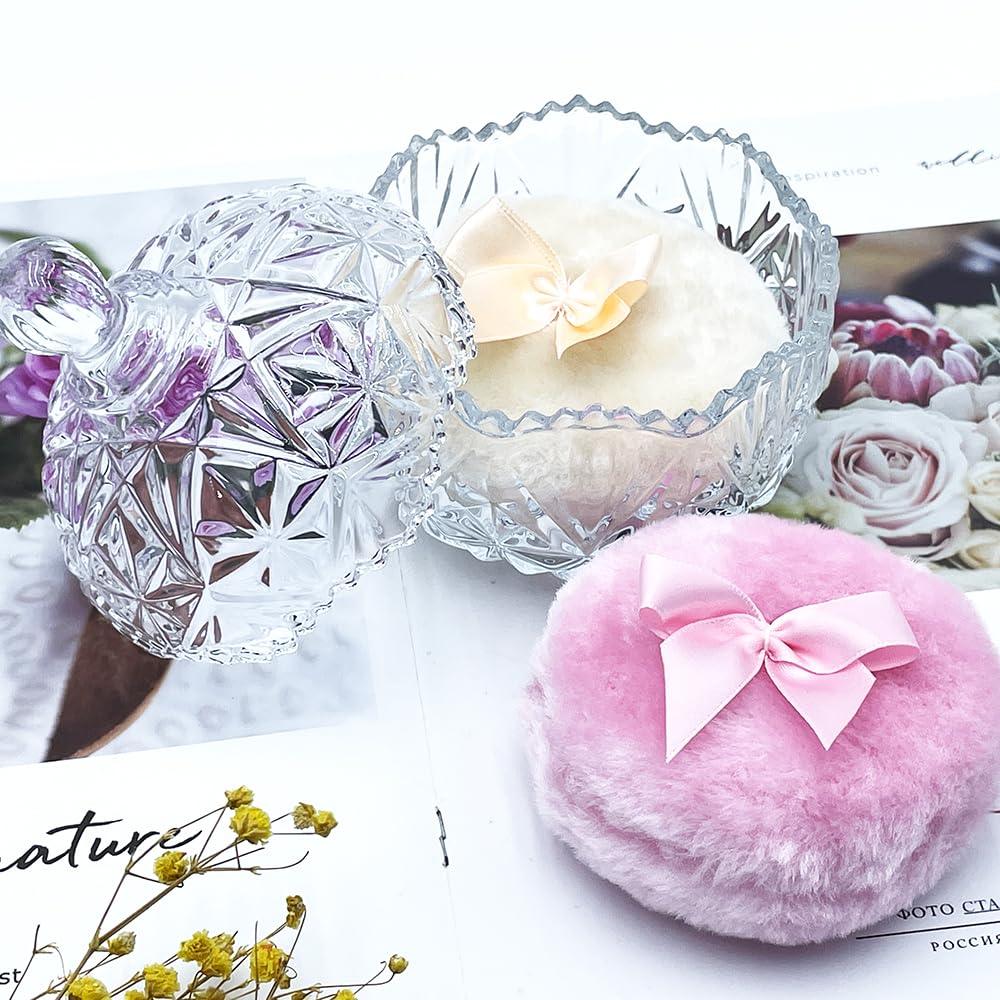 Luxury 4 Inch Glass Loose Powder Container with 2 Soft 3.5" Puffs｜Non-Sealed Refillable Organizer Storage for Body Powder Makeup & Jewelry & Setting Applicator(Crown-Clear)