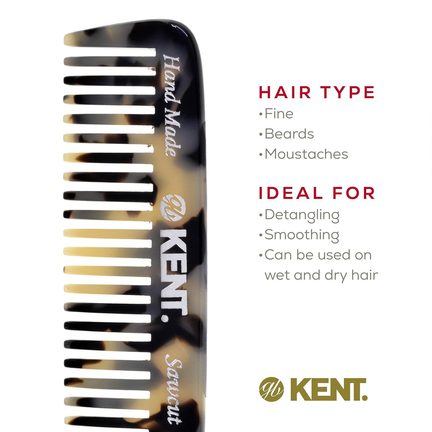 Kent 93T White Tokyo Wide Tooth Small Comb for Men's Mustache and Beard Grooming, Pocket Sized Detangler Travel Comb, Saw-Cut and Polished, Handmade in England