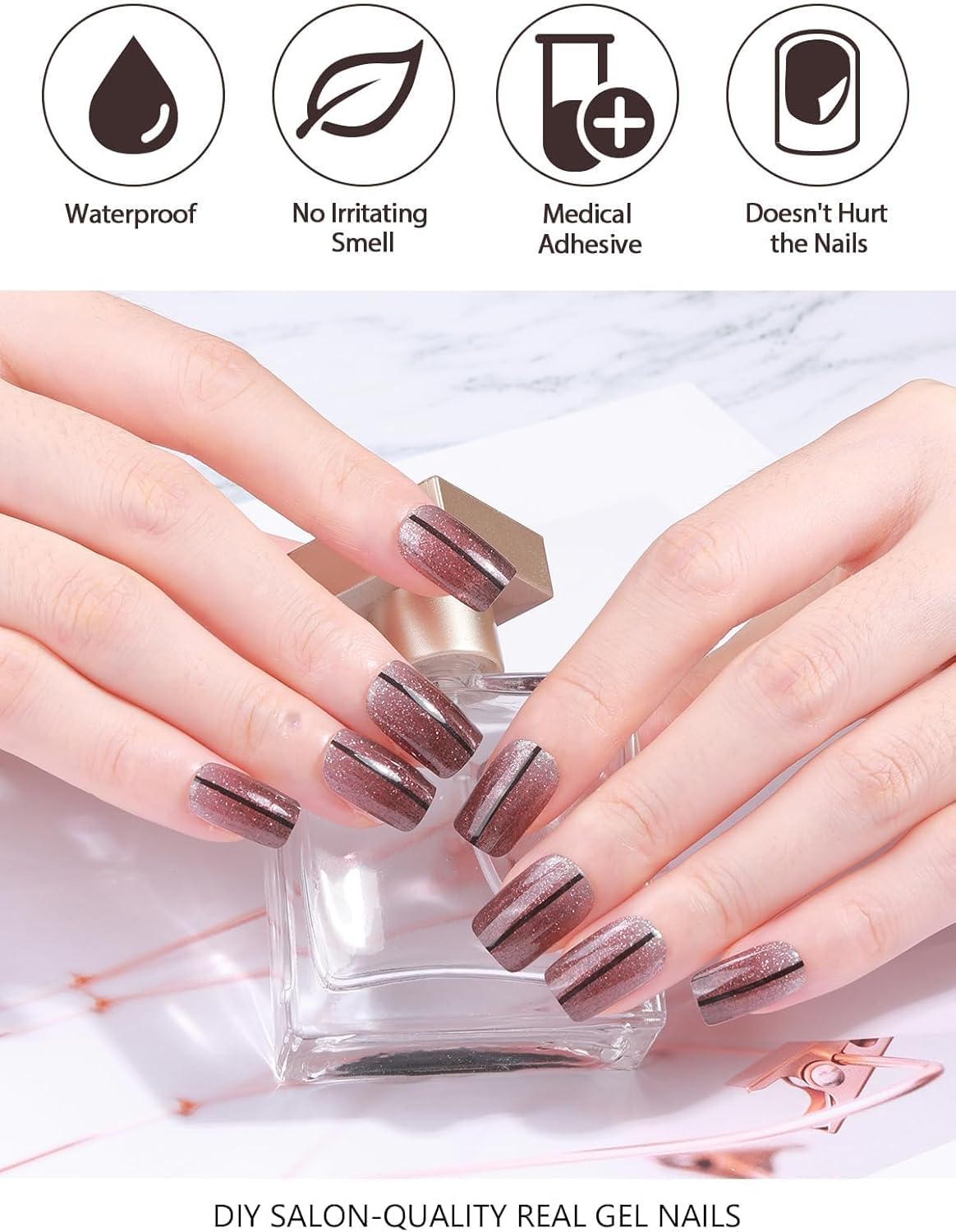 EBANKU 32PCS Semi-Cured Gel Nail Strips, Black, French Style, Plastic Material, UV/LED Curing, Nail Stickers