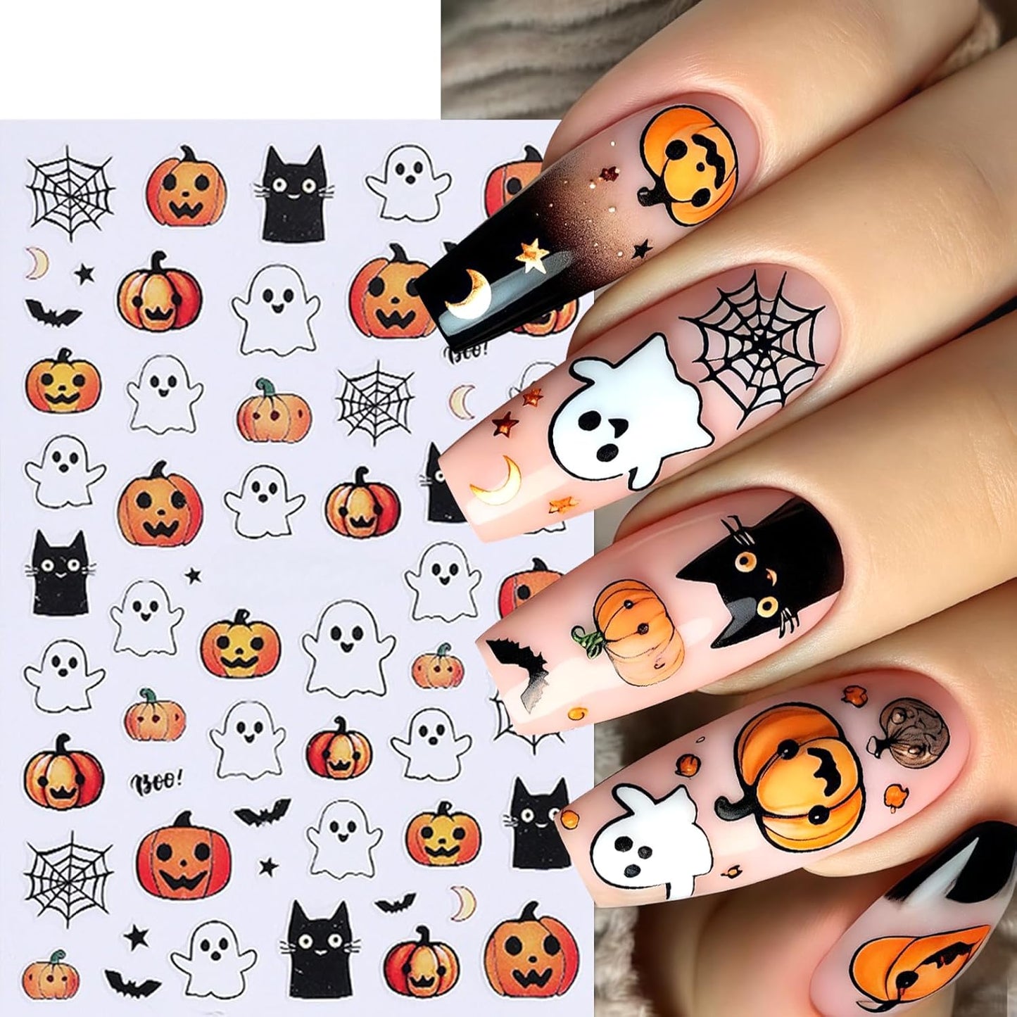 8Sheets Halloween Cute Heart Ghost Nail Stickers 3D Self-Adhesive Pumpkin Spider Web Nail Decals Pumpkin Bat Spider Web Black Cat Nails Design Star Nail Accessories for Women Holiday Manicure Decor