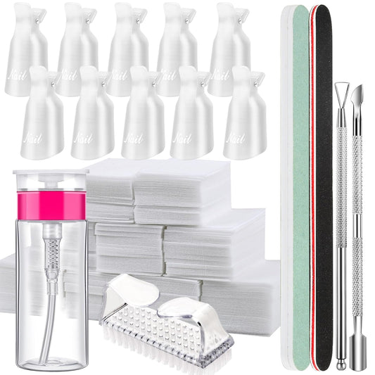 FANDAMEI Nail Polish Gel Remover Tools Kit, 10 Pcs Clear Nail Clips, 100ml Nail Polish Remover Bottle, 500 Pcs Remover Cotton Pad, Nail Brush, Cuticle Pusher, Cuticle Peeler, Nail File, Buffer Block