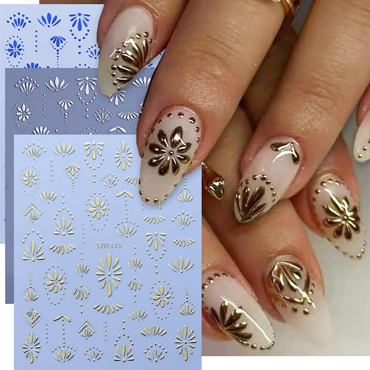 6 Sheets Bohemia Nail Stickers for Nail Art 3D Self Adhesive Gold Silver Blue Flower Nail Decals Flowers French Tip Nail Sticker Retro Bohemian Design Stickers for Women DIY Manicure Supplies