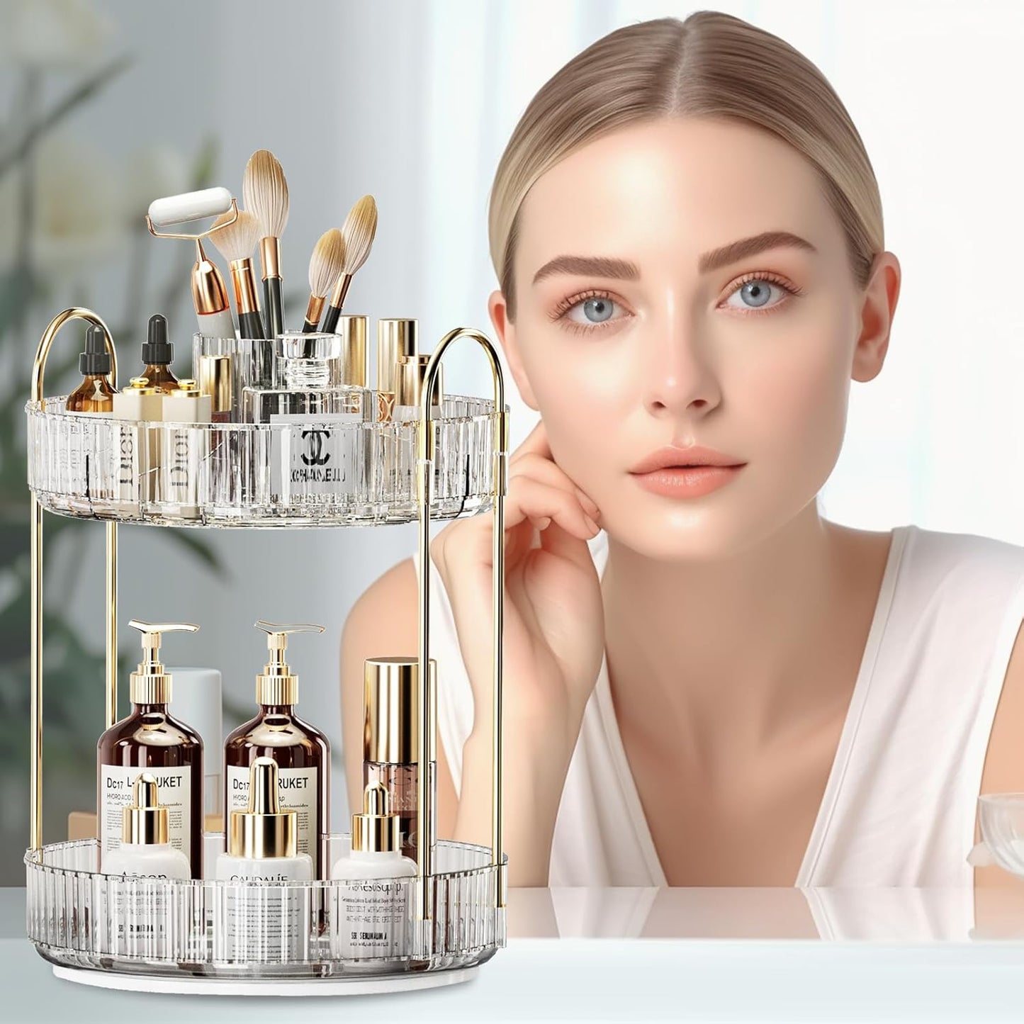 360° Rotating Makeup Organizer, Large-Capacity Skincare Make Up Storage 2 Tier Perfume Organizers Cosmetic Dresser Organizer with Makeup Brush Holder, Fits Bedroom, Bathroom, Vanity Shelf Countertop