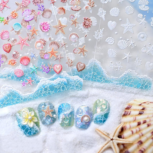 3 Sheets 5D Embossed Summer Nail Stickers for Nail Art Beach Nail Art Stickers Self-Adhesive Colorful Starfish Jellyfish Shell Sea Turtle Coconut Tree Designs Ocean Nail Decals for Women Acrylic Nails