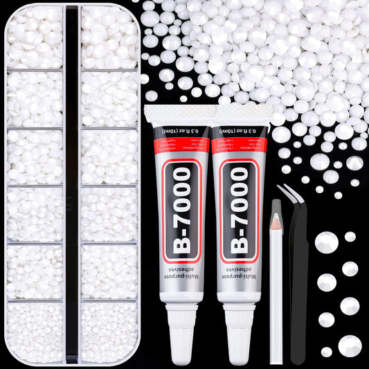 6100Pcs Resin Rhinestones for Crafting with 2Pcs 10ml B7000 Jewelry Glue, 1 Box Flatback Crystals Diamond (White) for Bedazzling Crafts DIY Nail Art Non Hotfix Gems for Clothing Shoes