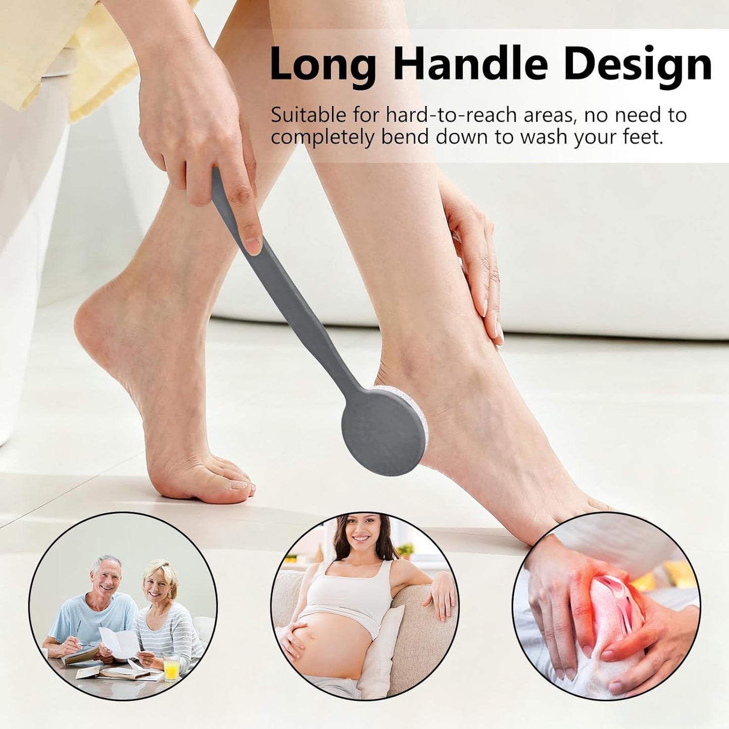 Pumice Stone for Feet with Long Handle (Curved Handle, Grey, Count, 1)