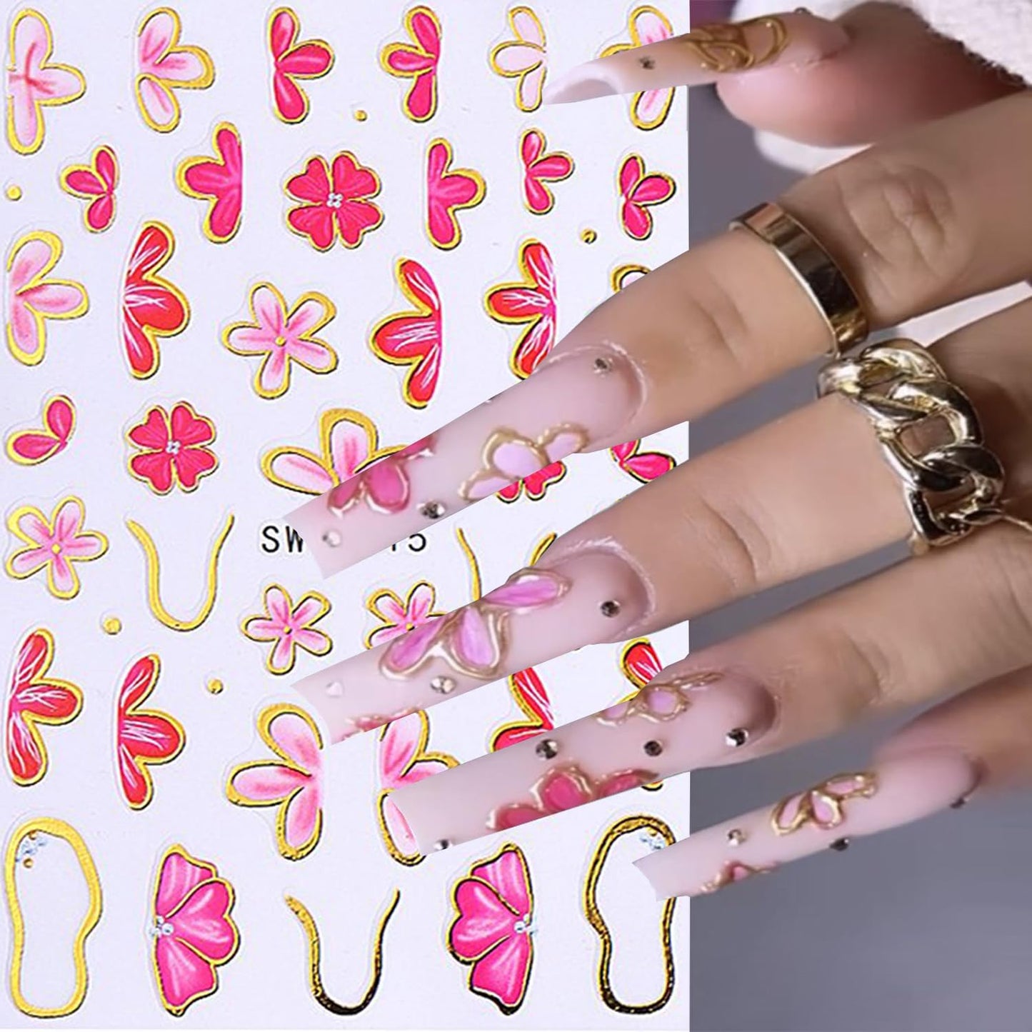 6 Sheets Flower Nail Art Stickers 3D Self-Adhesive Hot Stamping Blossom Nails Sticker Spring Nail Art Decals Holographic Floral Nails Decal Decoration for Women Flowers Manicure DIY Nail Supplies