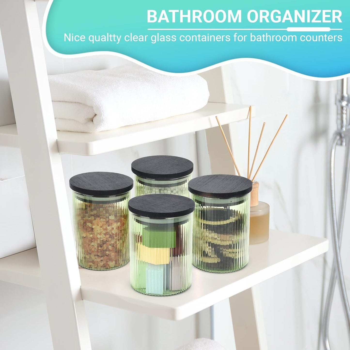 2 Pack Ribbed Glass Qtip Holder Dispenser Set - Apothecary Jars with Lids - Bathroom Canister Storage Organizer and Vanity Makeup Organizer for Cotton Ball,Swab,Round Pads,Floss