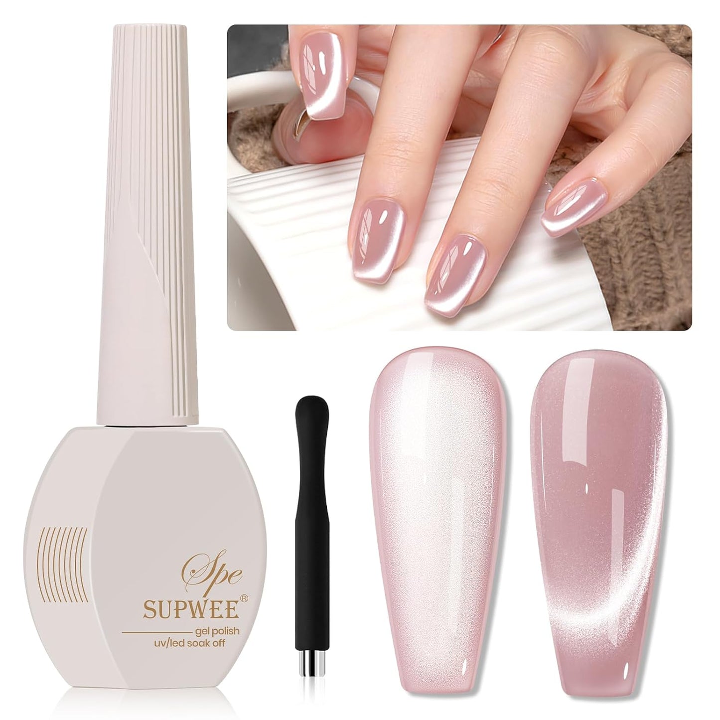 Pink Cat Eye Gel Nail Polish, 15ml Light Pink Jelly Glassy Gel Polish with Magnet Moonlight Shimmer Glitter Magnetic Nail Polish Soak Off U V Salon DIY at Home