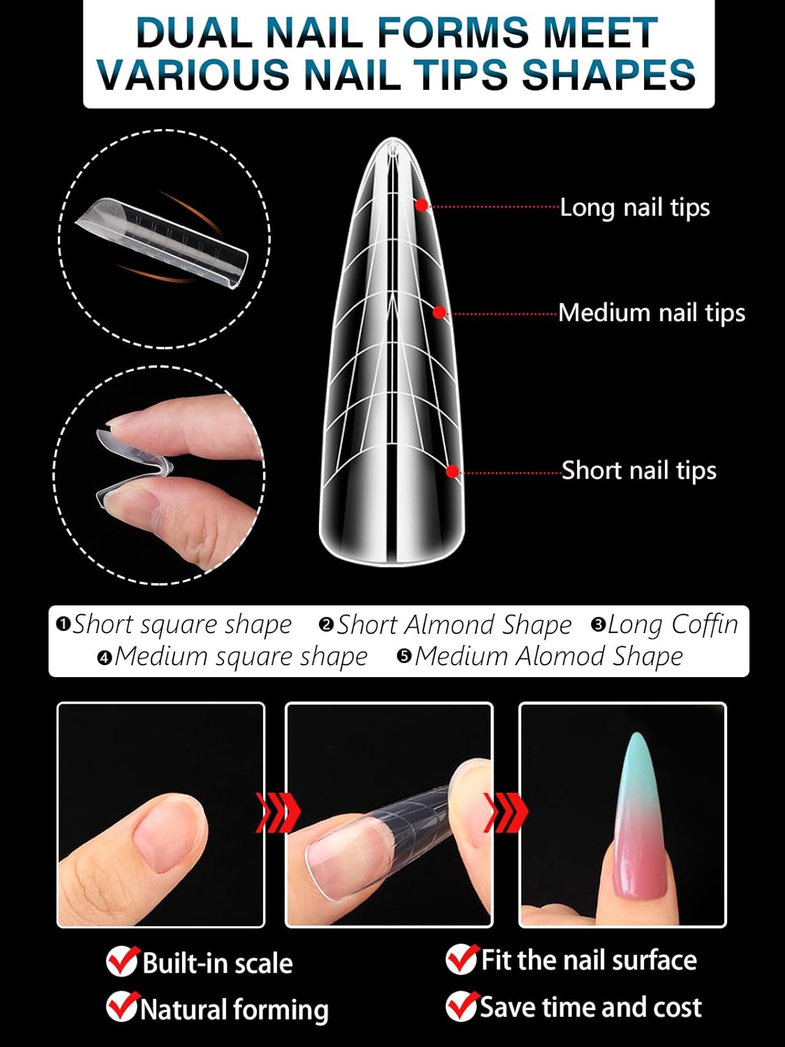 EBANKU 288PCS Nail Dual Forms for French Nails, Dual Nail Forms Molds Acrylic Nail Tips, Duet System Dual Forms Sticker Silicone Reusable Pads, 12 Styles 12 Sizes Scale for Manicure Extension, Clear