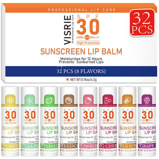 SPF 30 Lip Balm with Sunscreen, SPF Lip Balm Bulk Travel Size-32 Pack, Hydrating Lip Balm Pack with Vitamin E and Coconut Oil- 8 Flavors