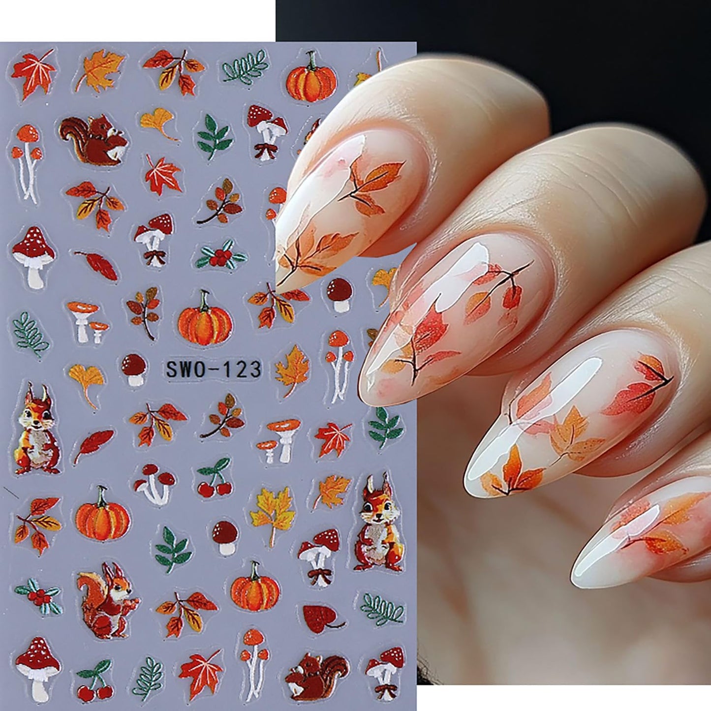 Fall Nail Stickers 5D Pumpkins Nail Decals 4PCS Self-Adhesive Embossed Halloween Nail Art Maple Leaf Mushroom Fox Design Holiday Nail Charms Autumn Thanksgiving Day DIY Manicure Supplies for Women