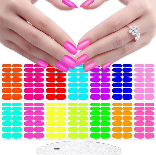 JERCLITY 196 Pieces 14 Sheets Fluorescence Solid Color Nail Polish Strips Vibrant Color Nail Wraps for Short Nails Nail Decals Self-Adhesive Nail Stickers Full Nail Wraps for Women Girls Nail Art