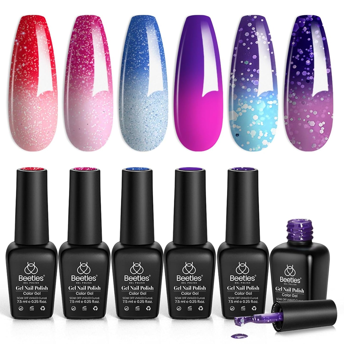 Beetles Color Changing Gel Nail Polish Kit, 6 Colors Pink Red Glitter Blue Purple Mood Temperature Change Nail Polish Gel Set Soak Off Nail Art Gel DIY Salon Manicure Gift