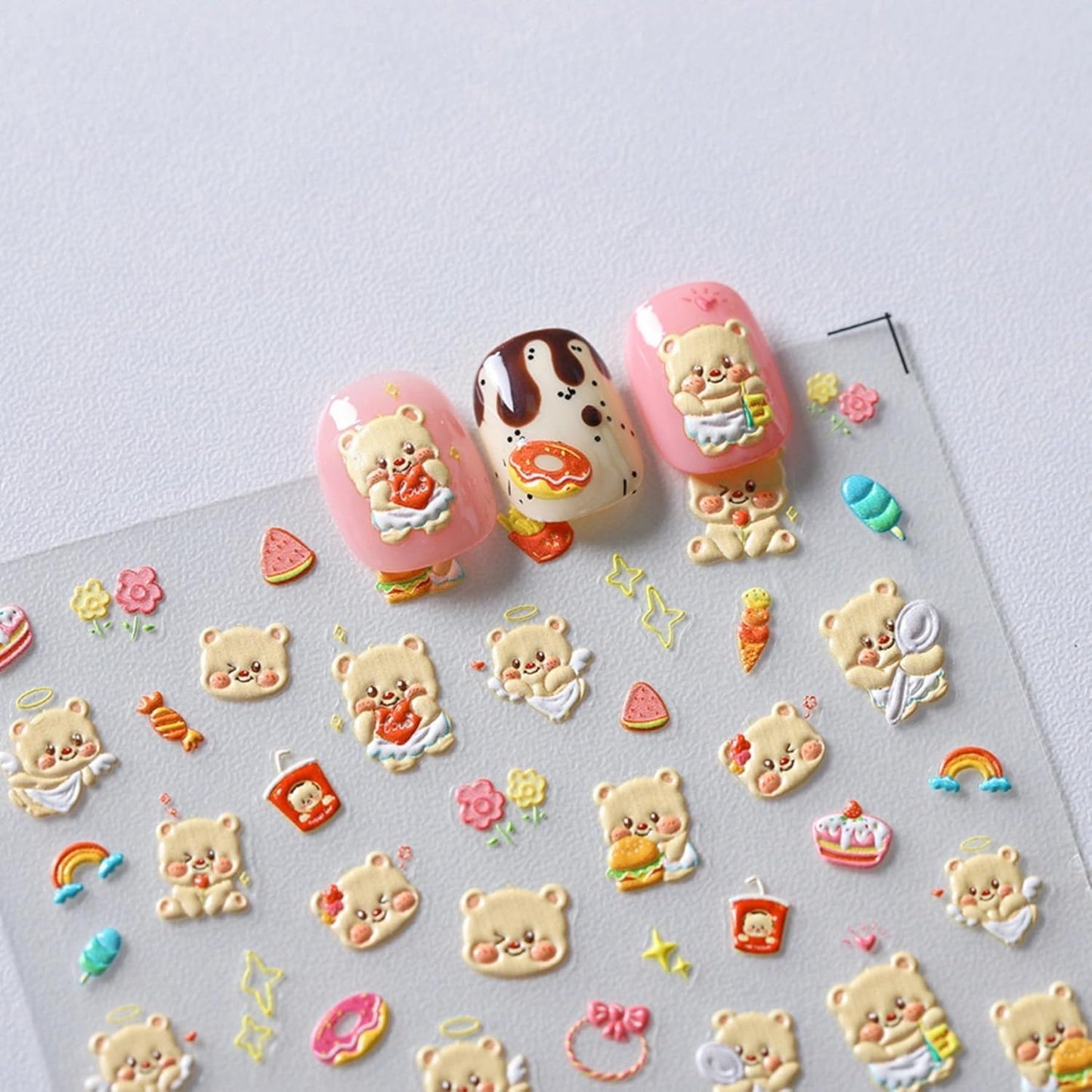 Dedyel Cute Nail Stickers 5D Embossed Cartoon Bear Kawaii Animal Self-Adhesive Nail Decals for Women Girls Kids Nail Art Decoration