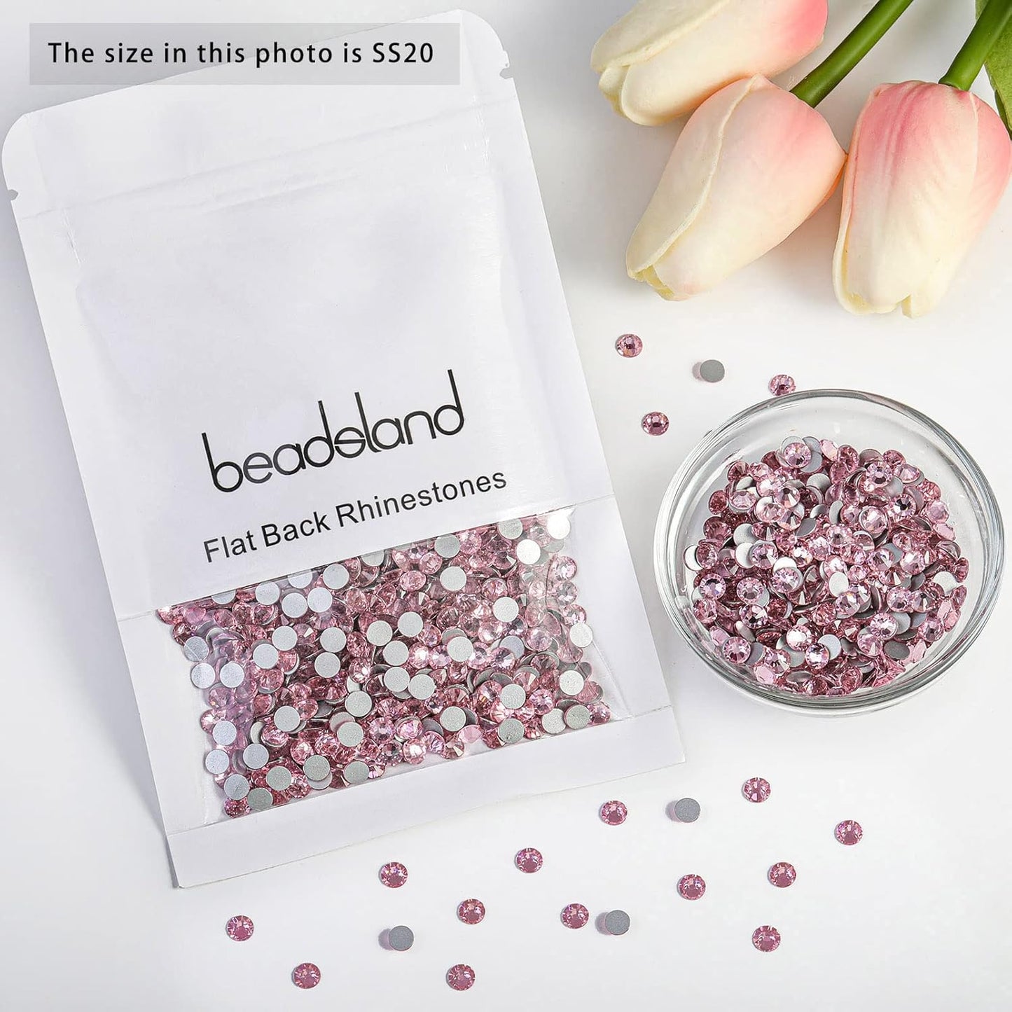beadsland 144pcs Flat Back Crystal Rhinestones Round Gems for Nail Art and Craft Glue Fix, Light Pink, 10mm, SS50/144pcs