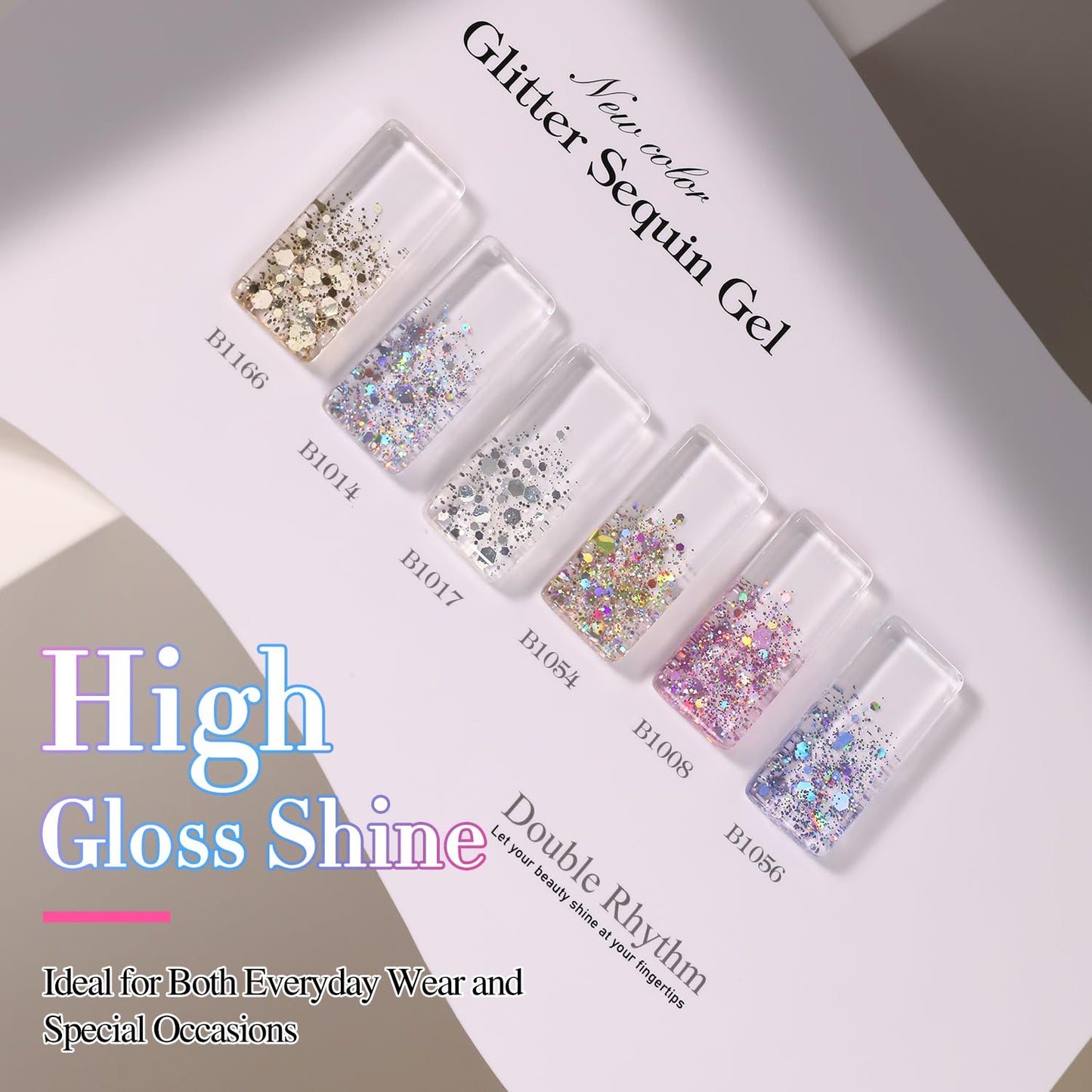Double Rhythm 0.5 Oz Glitter Gel Polish Set of 6 Color with Display Board 15 ml Full Size Kit Shimmer Reflective Sparkle Soak Off Manicure Salon DIY at Home (Gold Blue Silver Purple Pink-T6-37)