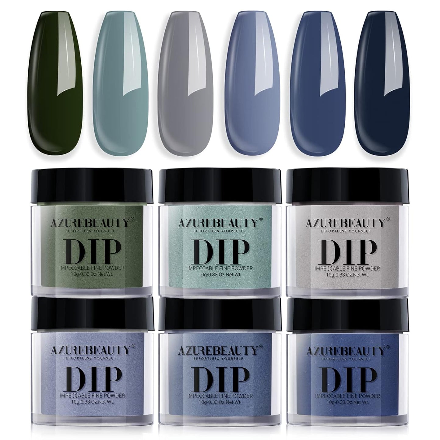 AZUREBEAUTY Dip Powder Nail Set Blue Sage Green Grey Shades, 6 Dark Colors Dipping Powder Starter Kit French Nail Art Manicure DIY Salon for Women, No Need Nail Lamp Cured