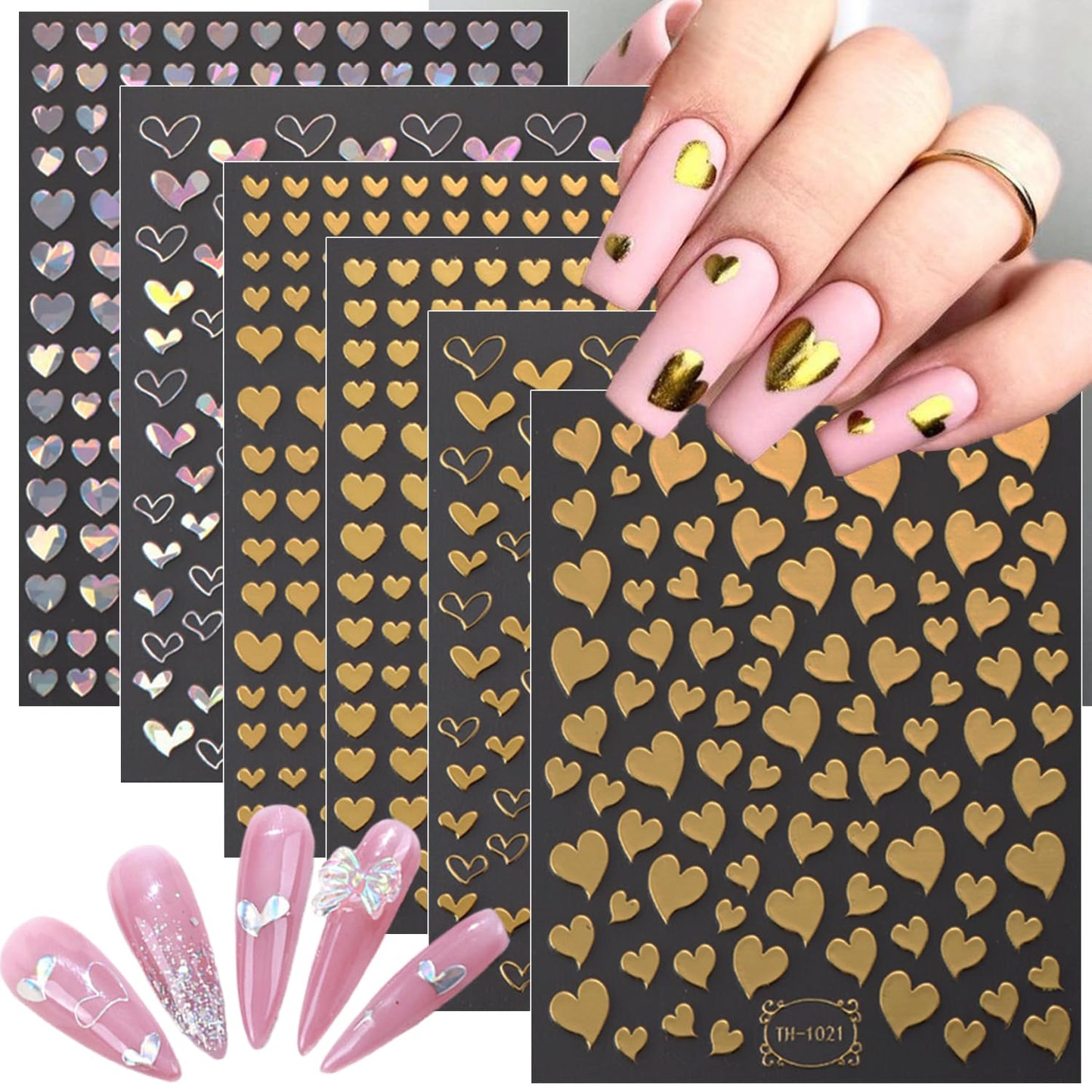 6 Sheets 3D Metallic Heart Nail Art Stickers Self-Adhesive Valentine's Day Nail Stickers Gold Silver Design Heart Charms for Acrylic Nails Tips Love Nail Decals for Women Valentines Nails Decoration