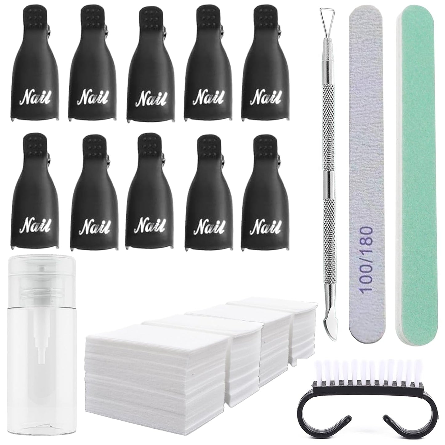 Ponjowl Gel Nail Polish Remover Kit with 10pcs Black Nail Polish Remover Clips Cap, Acetone Nail Dispenser Bottle, Polish Cuticle Pusher, 400 PCS Cotton Pads, Handle Brushes, Nail File, Buffer Block.