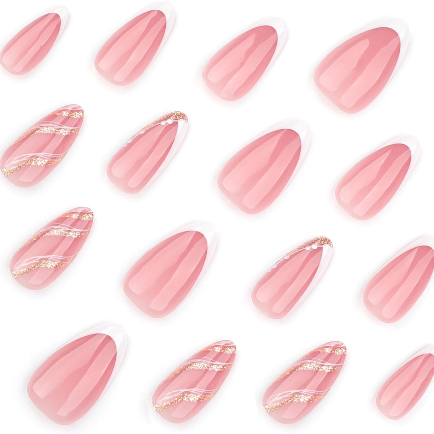 French Press On Nails Short Almond, Nude Fake Nails with White French Tip and Minimalist Gold Line Design, Glossy Gel Finish Acrylic Nails, Natural Reusable Glue On Nails Kit for Women, Luxe Line