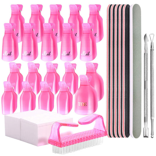 Teenitor Nail Polish Gel Remover Tool Kit With Soak Off Clips, Cuticle Pusher Peeler Scraper, Remove Pads, Files, Buffer Block, Pink Nail Brush