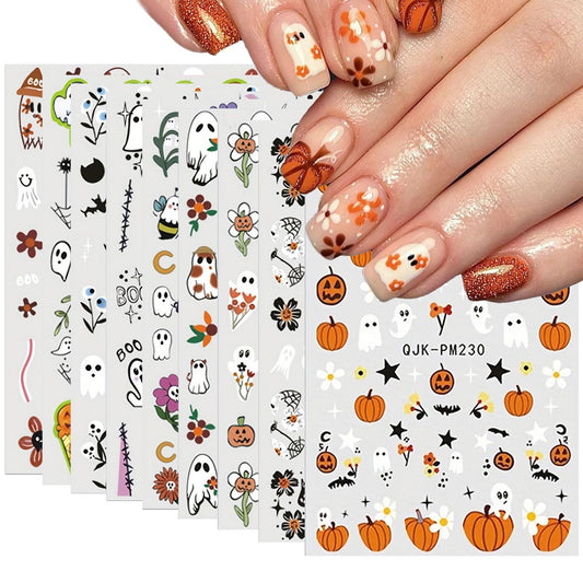 9 Sheets 3D Halloween Nail Art Stickers Self-Adhesive Cute Skull Pumpkin Bat Ghost Spider Designs Cartoon DIY Flowers Nail Art Stickers Decals Halloween Nail Supplies for Women Nails Art Decoration