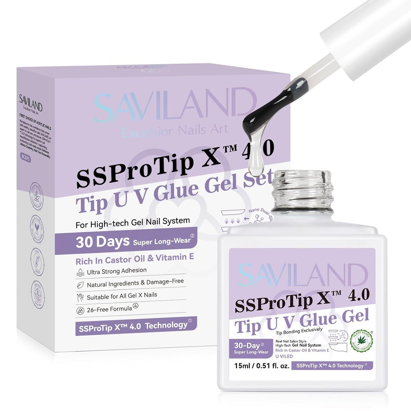 SAVILAND Gel Nail Glue: 30-Day Long Lasting Super Adhesive Glue Castor Oil VE for False Tips Strong Hold X Nail Art Tool U V Lamp Curing Needed for Use Home DIY SSProTip X 4.0