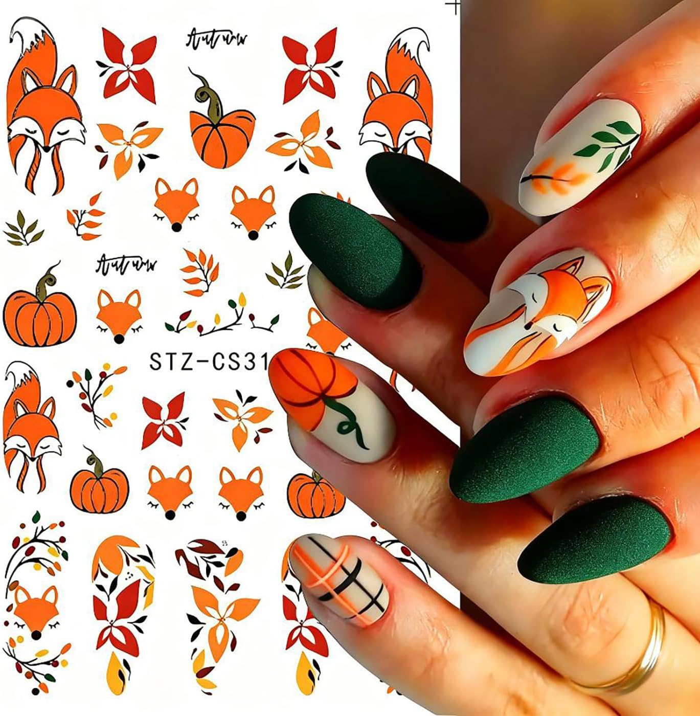 Fall Nail Art Stickers, Cute Fox Nail Art Decals 3D Self-Adhesive Maple Leaves Pumpkin Bow Nails Stickers Fall Blossom Flowers Nail Design 8Pcs Nail Art Supplies for Women Nail Decoration