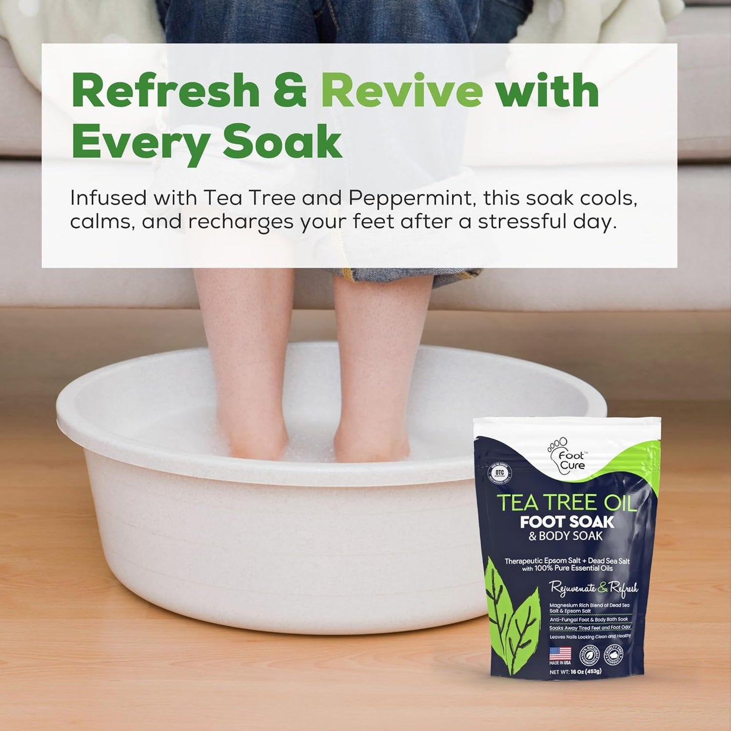Tea Tree Oil Foot Soak with Epsom Salt - For Toenail Repair, Athletes Foot, Softens Calluses, Soothes Sore & Tired Feet, Nail Discoloration, odor Scent, Spa Pedicure Care - Made in USA 16 oz