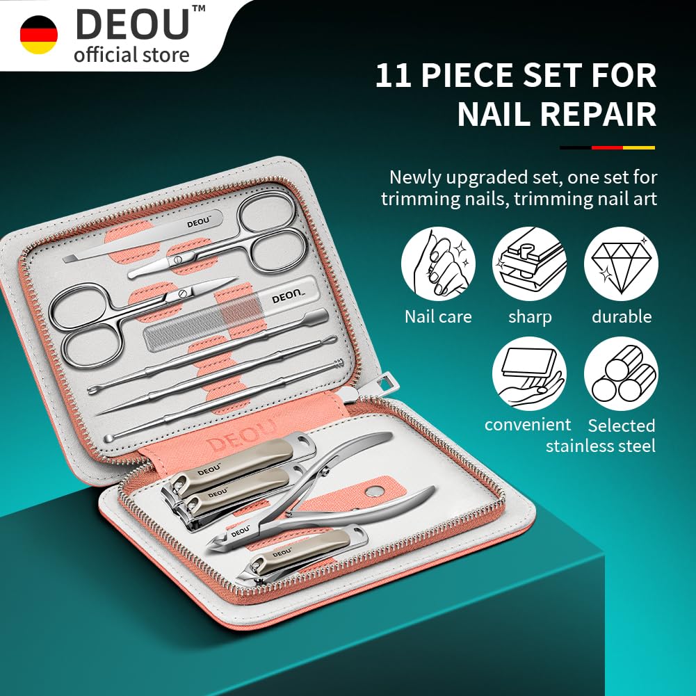 Professional Nail Set 11 in 1 stainless steel home care nail clippers, men's luxury travel leather storage box, women's beauty kit (Pink)