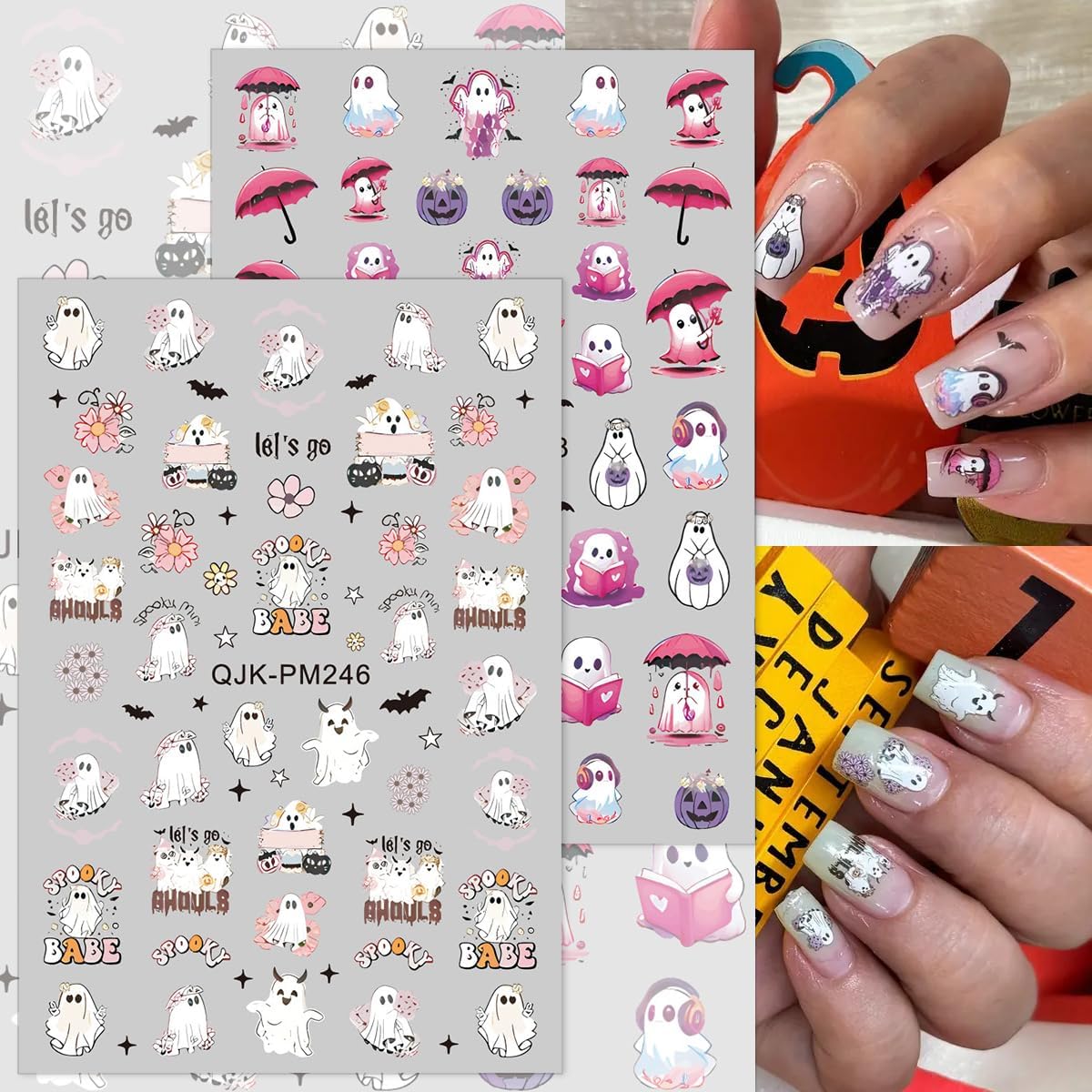 Halloween Nail Art Stickers - 3D Pumpkin, Spooky Ghost, Spider Web, Bats Decals - Self Adhesive Nail Design Stickers for Women DIY - 8 Sheets Decoration