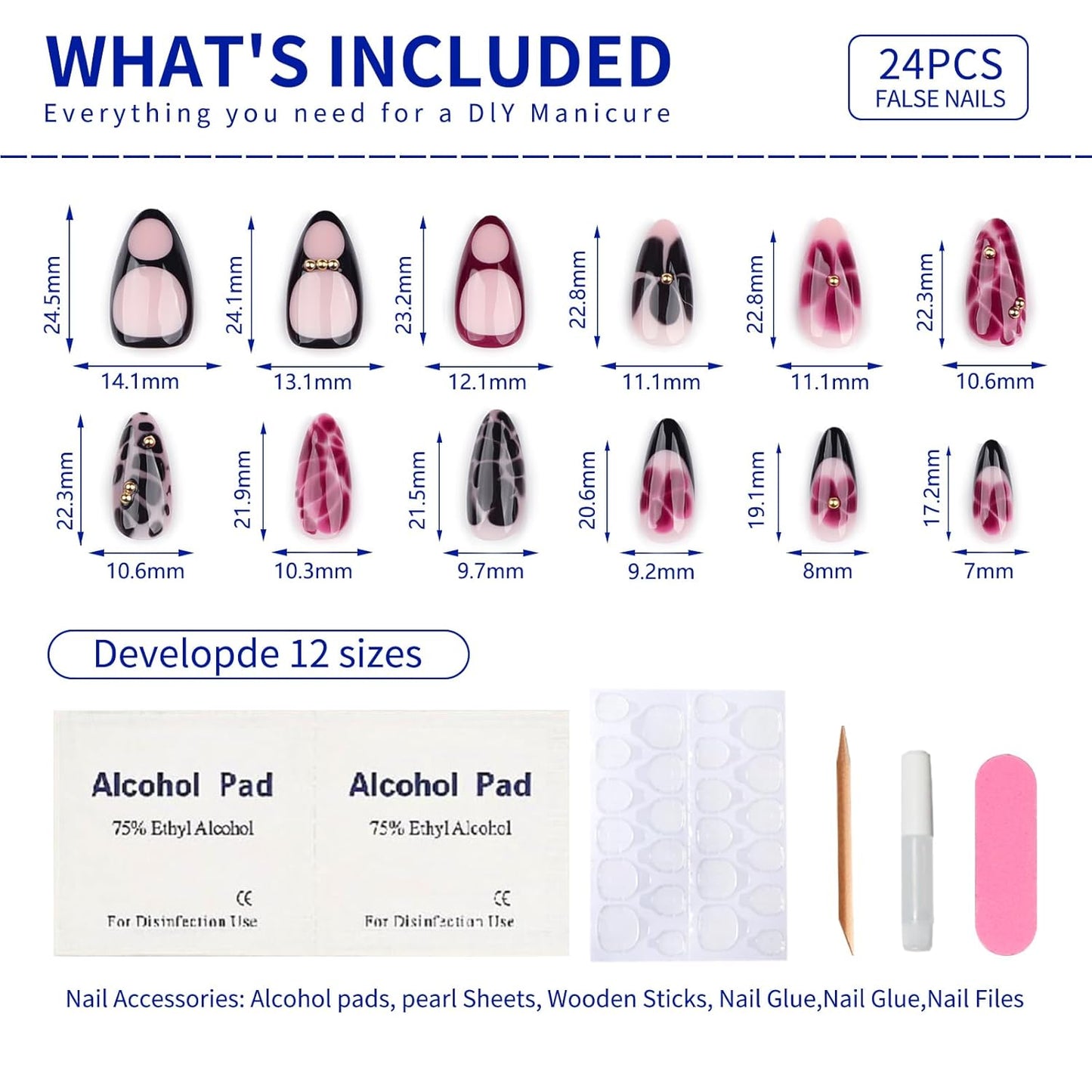 French Press On Nails Short Almond Shape, Summer Fall Fake Nails Adorned with Black and Burgundy Petal Accents, 3D Design, Glossy Gel Finish Acrylic Nails, Natural Reusable Glue On Nails for Women