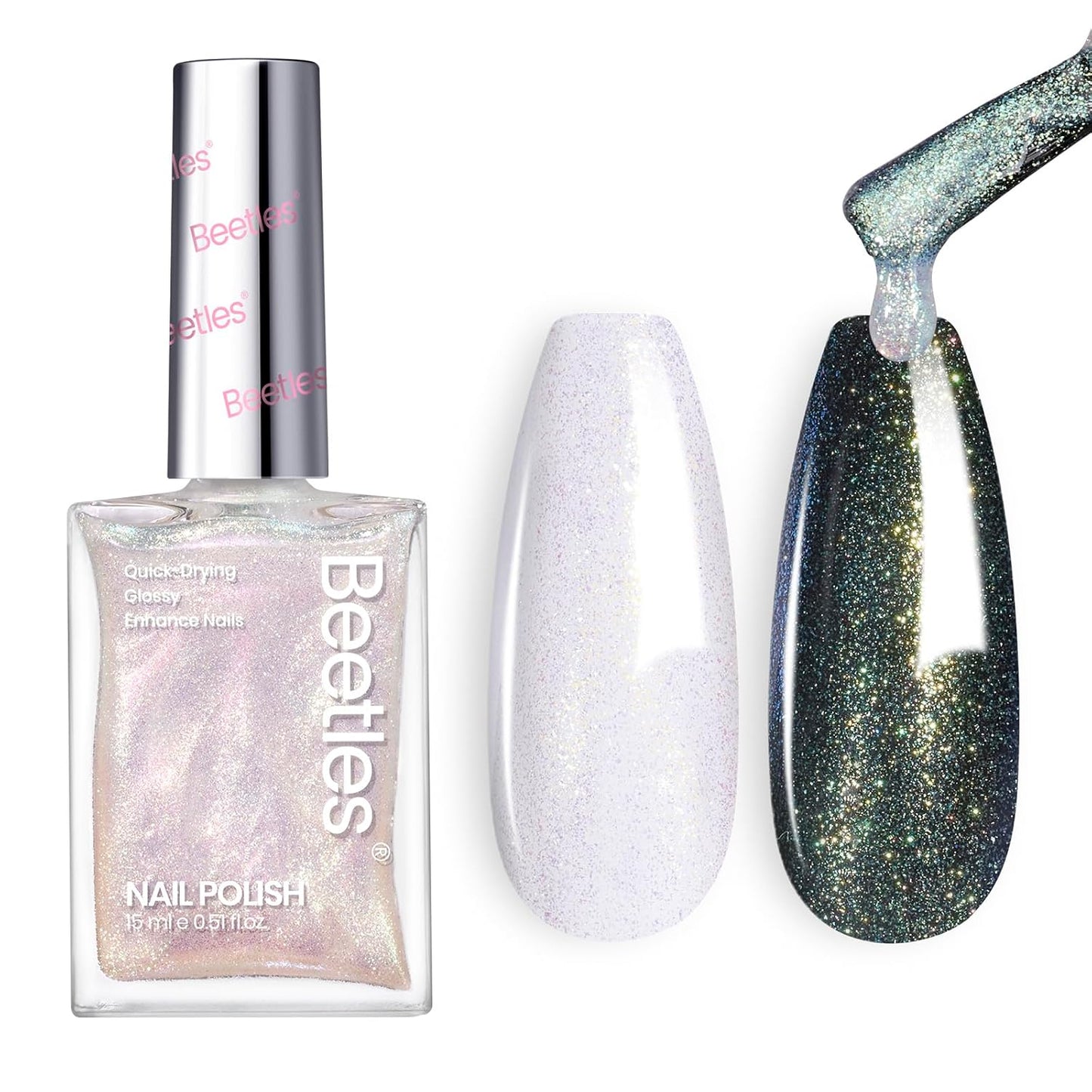 beetles Nail Polish Glitter Nail Lacquer Shimmer-Like Top Coat Fast Drying & Long Lasting Brilliant Milky Way, No UV Lamp Needed for DIY Nail Art Salon at Home Gifts for Women