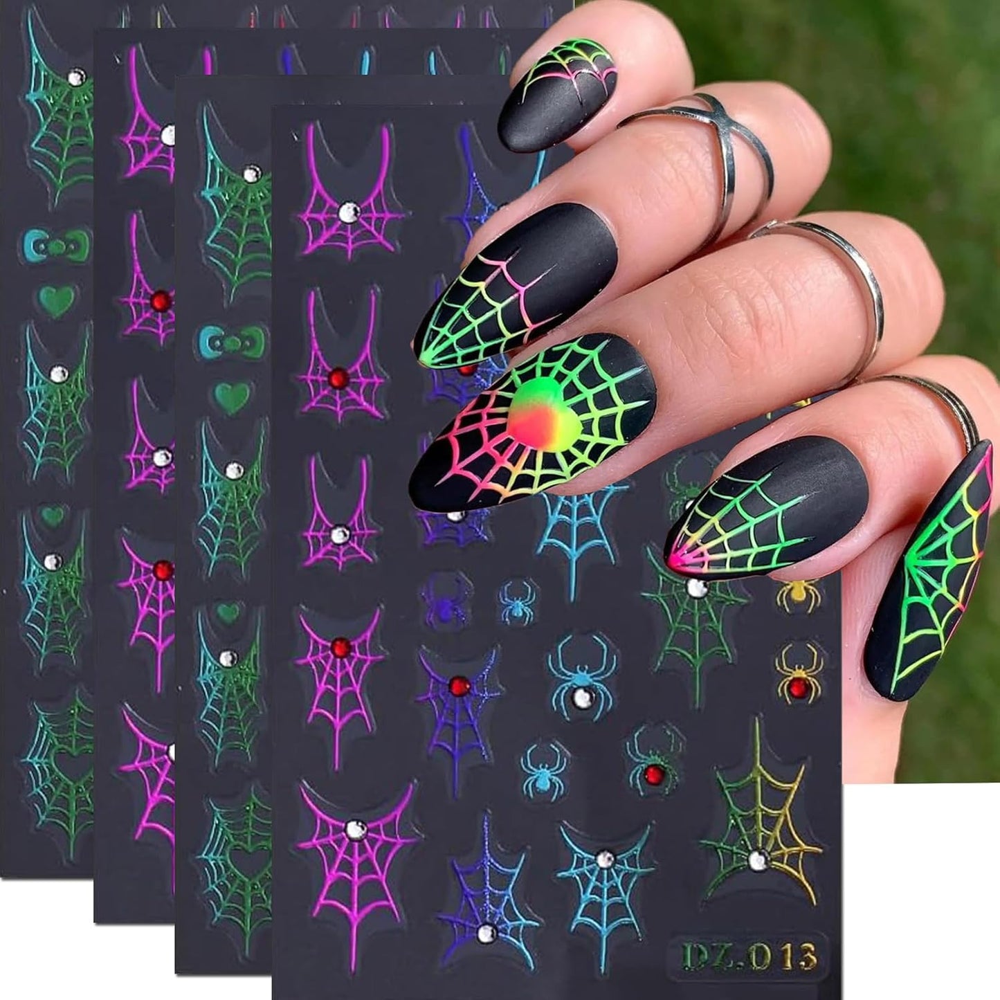 4PCS Halloween Nail Art Stickers Decals Colorful Spider Web Spider Nail Decals with Rhinestone Spider Web Spider Bow Heart Nail Art Design Cute Halloween Nail Supplies for Women Manicure Decorations