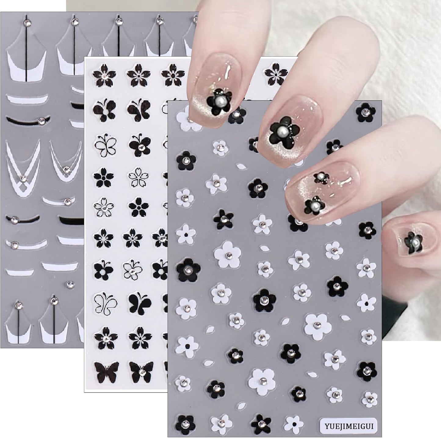 3 Sheets French Diamond Nail Stickers Flower French Manicure 3D Self-Adhesive Sparkling Crystal Black and White French Daisy Butterfly Design DIY Decal Nail Stickers for Nail Art Decoration