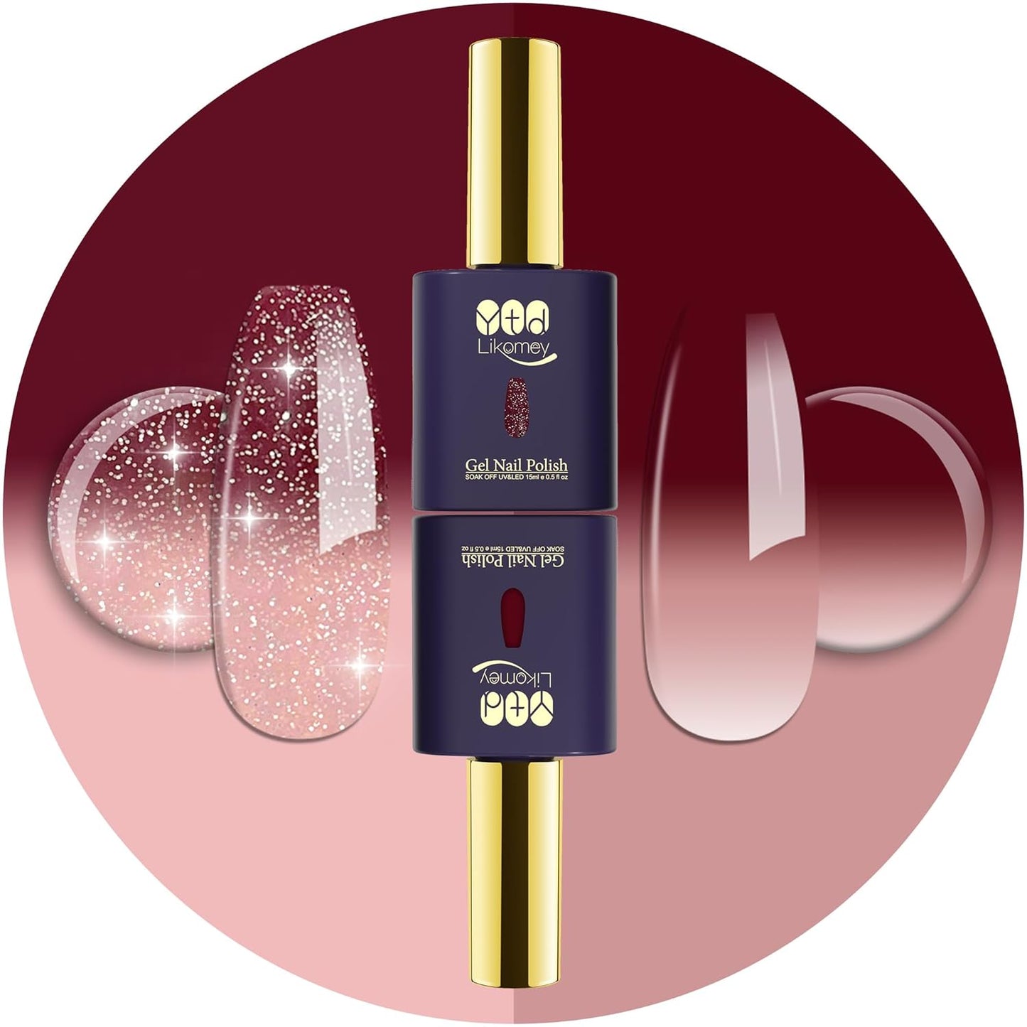 YTD Likomey Gel Nail Polish 2 Pcs Set,15ml Color Changing Nude Pink Burgundy Red and Glitter Nails Gel Kit,Thermal Ombre Change Colors Translucent Salon Manicure Fall Winter UV Color Varnish,0.5 Fl Oz