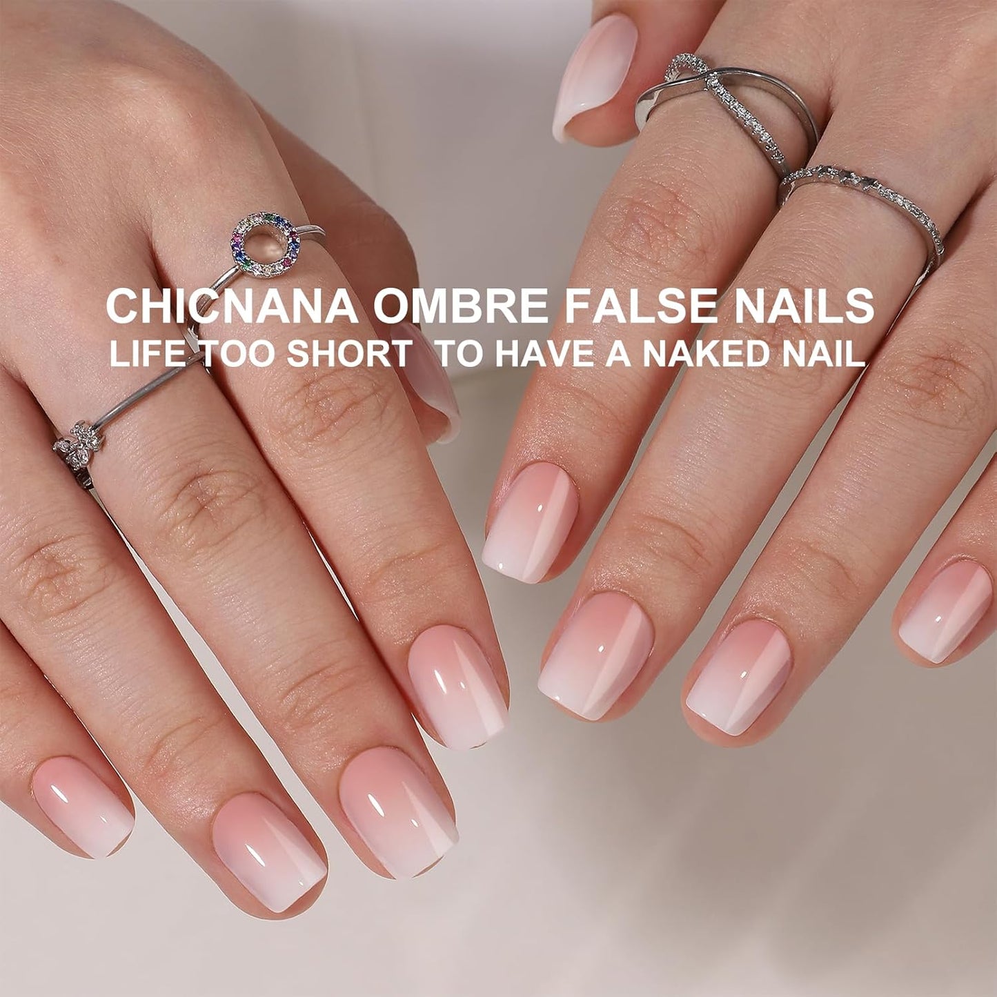 Ombre Press On Nails - 240Pcs Square Short Press on Nails, White Nail Tips Pink White Gradient Soft Gel False Nail Tips Salon Perfect Fake Nails Kit Extensions DIY (Extra Short Square)