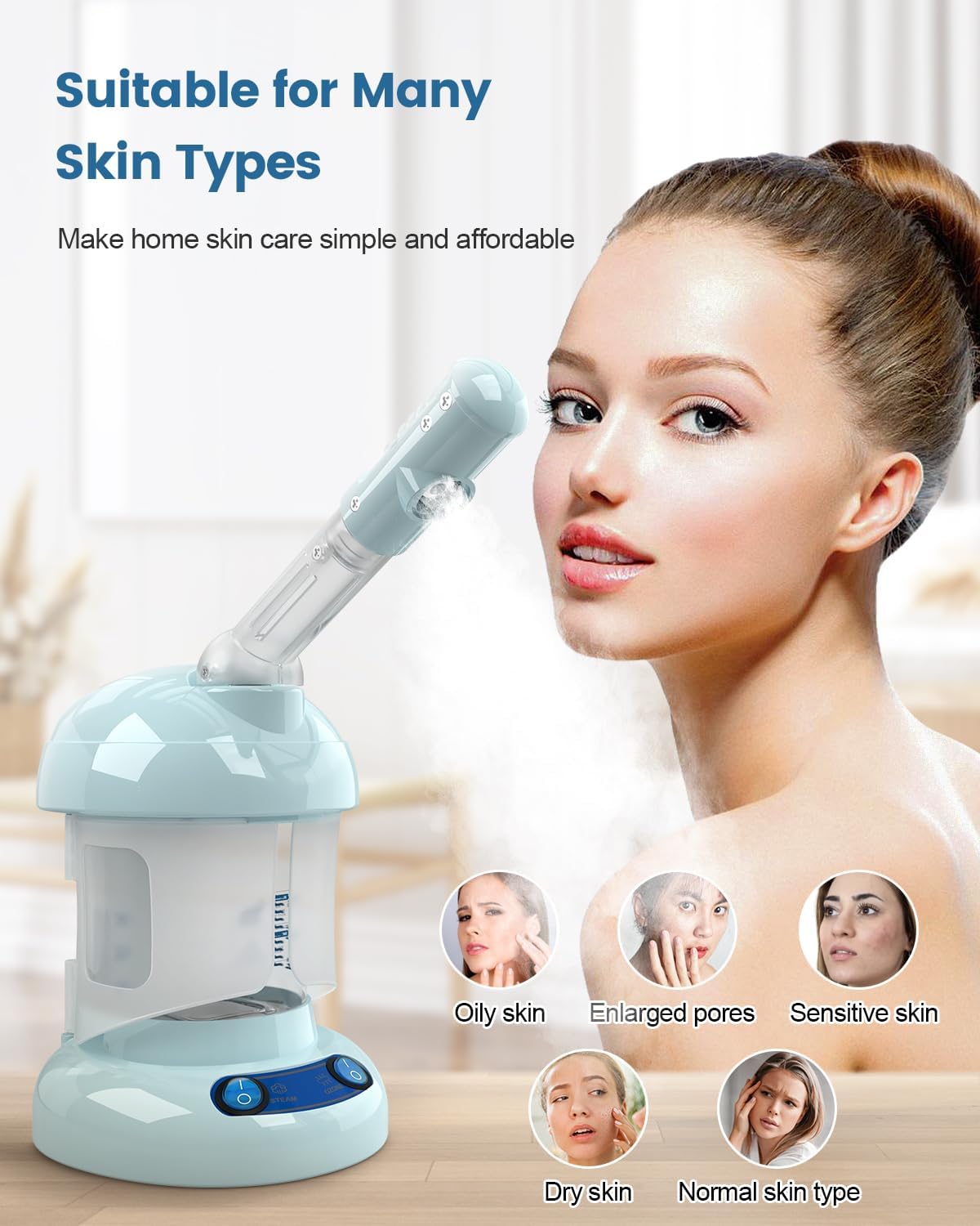Kingsteam Tabletop Facial Steamer - Ozone Steamer with 360° Rotatable Arm - Professional Nano Ionic Facial Steamer for Deep Cleaning - Portable for Personal Care Use at Home or Salon, Blue