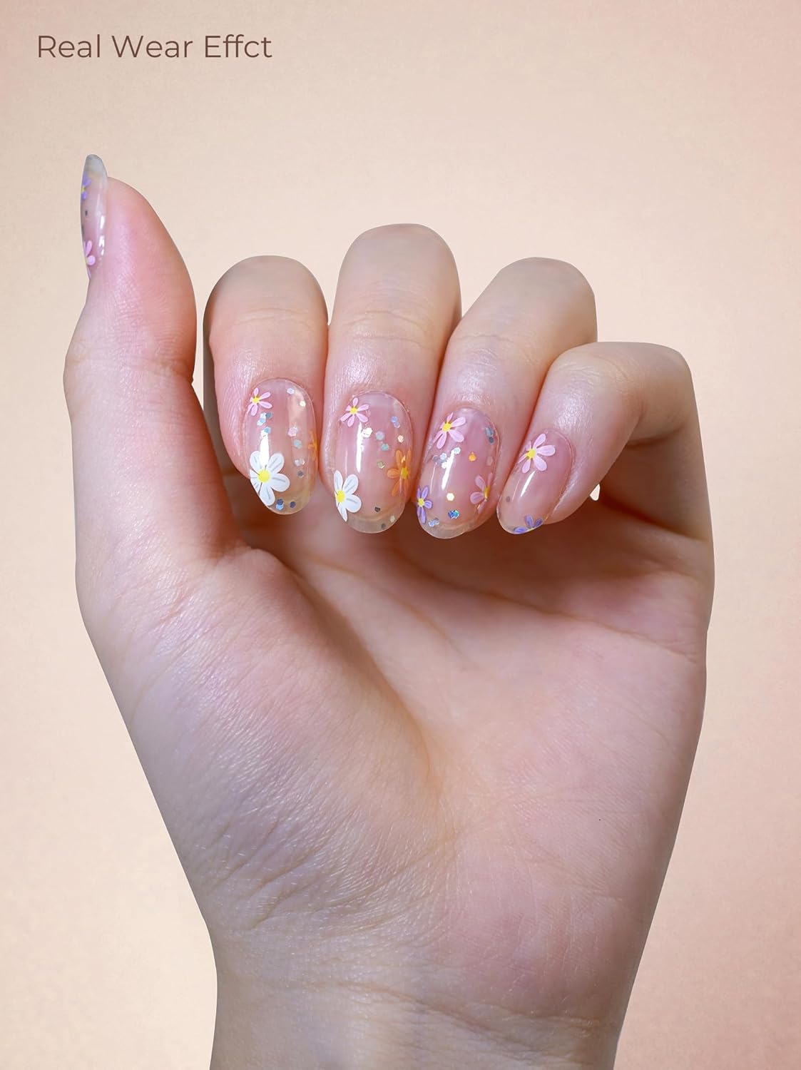 Pre Cured Gel Nail Strips - 44PCS Salon Quality Gel Nail Stickers - Long Lasting Polish Wraps for Women no UV Light Needed Easy Apply& Remove (Flower Sliver)