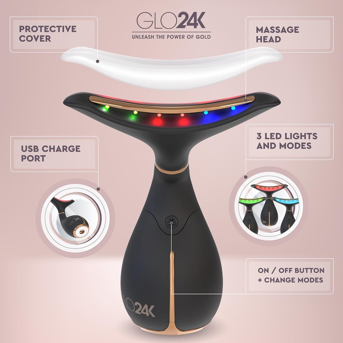 GLO24K Red Light for Face & Neck Beauty Device – Anti-Aging - 3 in 1 Facial Massager Tool and Neck Care Device for Turkey Neck, Anti Wrinkle, Face and Neck Massager for Women