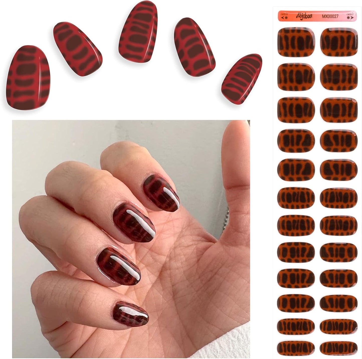 Semi Cured Gel Nail Strips - Minimalist Ombre Nail Polish Wraps, Works with Any UV Lamp - Long Lasting Easy Salon Manicure - 24pcs with 2 Prep Pads, Nail File & Cuticle Stick (Snake's Out)